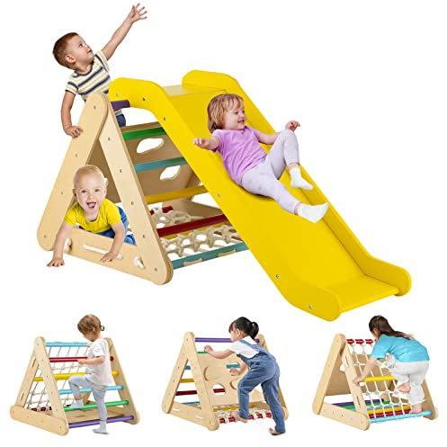 DREAMADE Triangle Montessori d’Escalade 4 en 1 pour Enfant 1+ Ans avec Toboggan en Bois & Filet d'escalade & Échelle, Jouets d'escalade pour Salon Chambre d'enfant Garderie (Multicolore)