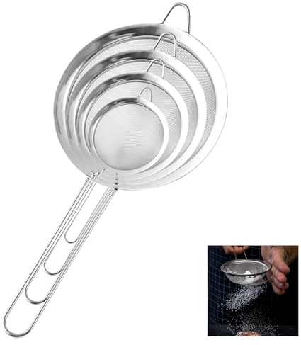 MXTIMWAN Passino Acciaio Inox, Set di 4 Setaccio da Cucina 7/10/14/18cm Scolapasta con Manico Maniglia Filtro per Pasta Set di Setaccio da Cucina in acciaio inossidabile Riso,Verdura,Verdure,Polvere