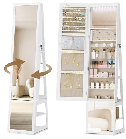 Hzuaneri Schmuckschränke, mit 360° drehbarem Sockel, abschließbarem Spiegel in voller Länge, großen 4-stufigen Ablagefächern, 4-in-1 multifunktional, Weiß und Beige JC16003BE
