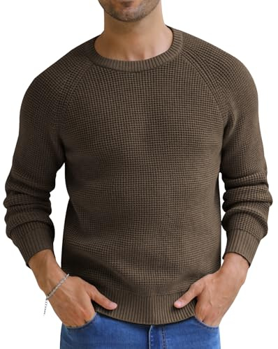 NITAGUT Herrtröjor klassisk rund hals våffelmönstrad stickade tröjor vinter varm långärmad pullover med ribbad kant, Brun, XXL