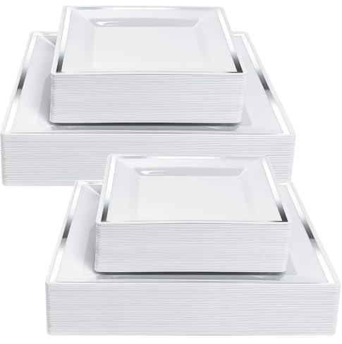 YAYODS Lot de 50 assiettes en plastique réutilisables - 24/16,5 cm - Assiettes à gâteau blanches - Assiettes carrées avec bord argenté - Assiettes à petit-déjeuner en plastique pour mariages,