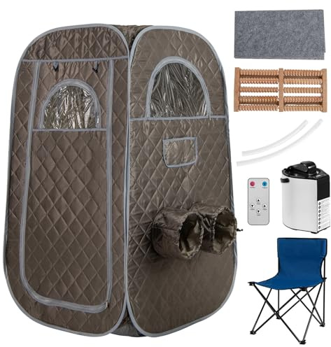 Costway Bärbar ångbastu, hemmabastu för 1–2 personer med 3-liters ånggenerator, timer, fjärrkontroll, fotmassageapparat och klappstol, bastutält, sittbastu för hemmabruk, 89 x 89 x 149 cm (grå)