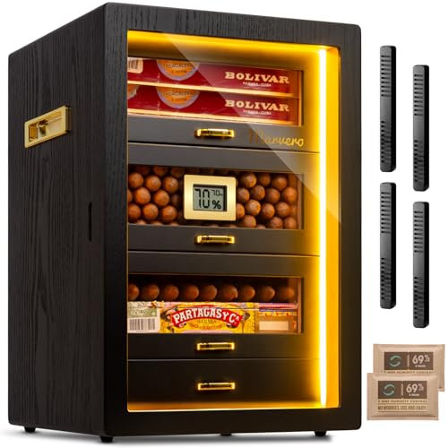 MarveroCigar & Humidor Desktop Cabinet with Digital Hygrometer, Humidifier & Packs, 4 Cedar Drawers, Holds 200 Cigars, Black
