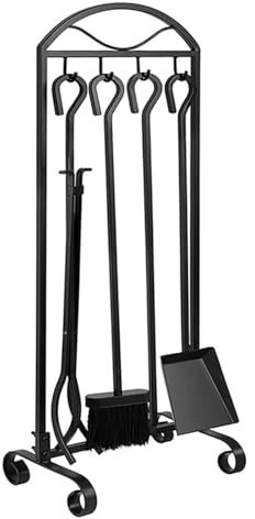 DYUNCZ Accessoires Cheminée 5 Pièces, Serviteur Cheminée, Accessoire Poele a Bois, Accessoires de Cheminée, Outils de Foyer, Foyer Noir avec Brosse, Tisonnier, Pelle, Pince