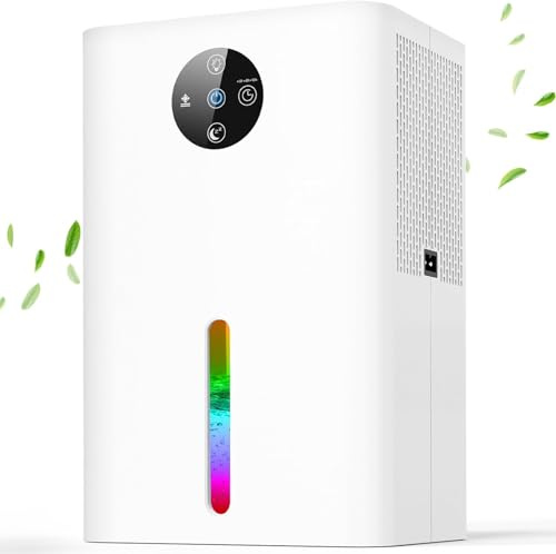 Déshumidificateur d Air,Electrique Portable Arrêt Automatique, Minuterie 6/8/10h,déshumidification Efficace,Silencieux,Résistance à La Moisissure,Lumière7 LED Couleur,Chambre,Bain, Armoire