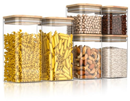 Arendo - Glass Food Storage Containers with Lids, Square Glass Canister Set of 6, Airtight, BPA-Free, Microwave & Dishwasher Safe, Pantry Organizers for Pasta, Rice, Tea, Coffee Beans