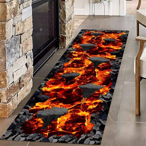 ZLXMN 3D Flame Lava Rug Carpet Runners for Hallway 2x7ft Optical Illusion Abstract Lava Long Kitchen Rug Grey Rock Cracks Stone Long Runner Rug for Entryway Indoor Bedside Runner Rug