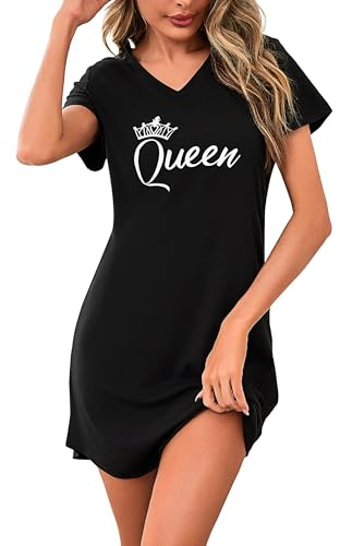 Bresdk Chemise de Nuit Femme à Manches Courtes Robe de Nuit en Coton à Imprimé à Col V