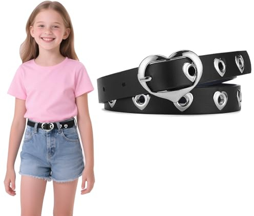 AffeGifts Cintura Bambina Età 8-14 Anni,Ragazze Cintura di Cuoio con Carino Metallo Cuore Fibbia e Cuore Fori Regolabili per Bambini Vestiti Pantaloni Jeans e Uniformi