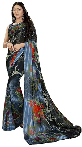ETHNICMODE Indian Saree For Women Printed Georgette Light Weight Party Wear Grey Sari With Unstitched Grey Blouse Piece-1111