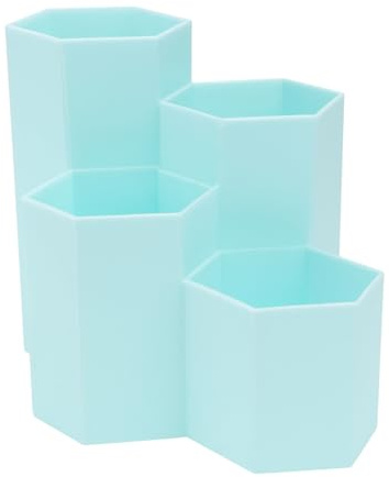 Uonlytech Pot à Crayons pour Rangement Organisé Hexagonal Bleu 4 Compartiments en Pp de Fournitures de Bureau et Outils de Maquillage, pour Étudiants et Enseignants