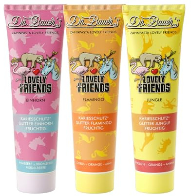 Dr. Bauer's Lovely Friends favoritutgåva – barntandkräm set 3 x 90 ml (enhörning, flamingo och djungla) | fruktig, glittrande och naturligt för skojs skull vid borstning av tänder