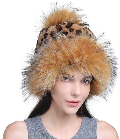 FakeFace Chapka en Fausse Fourrure pour Femme Chapka à Imprimé Léopard avec Pompon Chapeau Hiver Femme Bonnet Fausse Fourrure Toque Russe