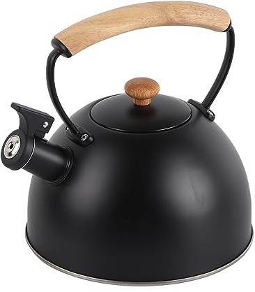 Wakects Bouilloires D'extérieur 3L, Bouilloire à Sifflet de Camping en Acier Inoxydable avec Poignée en Bois pour les Voyages et la Randonnée (BLACK)