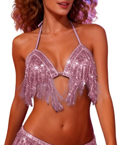 Sequin Fringe Bikini Top Belly Dance Costume Stage Wear for Party Show, pink, One Size