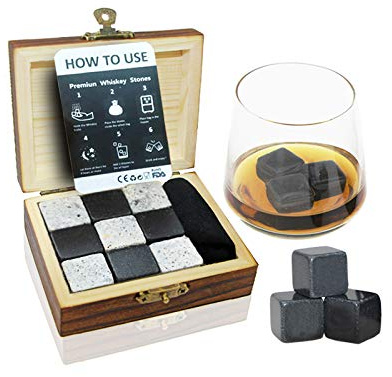 EFG WS01 Vivo Whiskey Stones Gift Set-9 Granite Chilling Whisky Rocks-no Water Dilution-stored in Wooden Premium Box, Wood