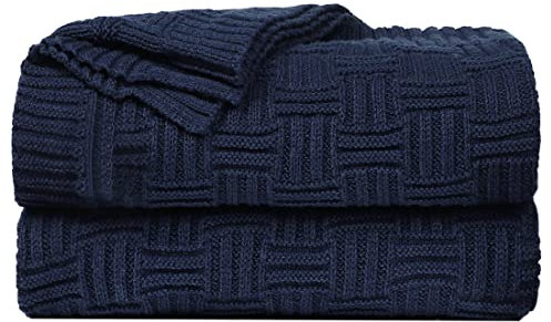 sourcing map 100% Cotton Cable Knit Throw Blanket,Soft Lightweight Lap Blanket,Textured Solid Sofa Throw Couch Cover Decors Knitted Blankets, Navy Blue 50x 60