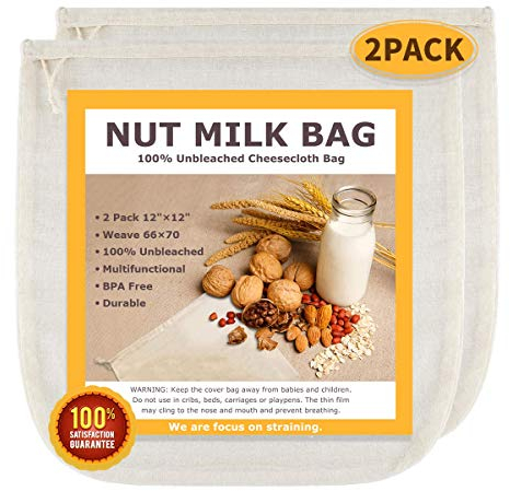 Nut Milk Bags, All Natural Cheesecloth Bags, 12x12, 2 Pack, 100% Unbleached Cotton Cloth Bags for Tea/Yogurt/Juice/Wine/Soup/Herbs, Durable Washable Reusable Almond Milk Strainer(Weave 66x70)