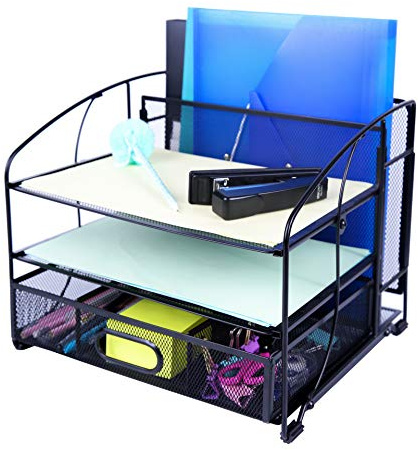 EXERZ Mesh Desk Organiser Office Supplies 3 Trays/Desktop File Holder with Sliding Drawer and Hanging File Holder/Paper sorters/Vertical Upright Section for Office Home Multifunctional (Black)