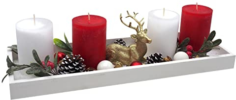 ZauberDeko Adventsgesteck Weihnachten Deko Tablett Holz Weiß Kerzen Rot Weiß Hirsch Gold 40cm