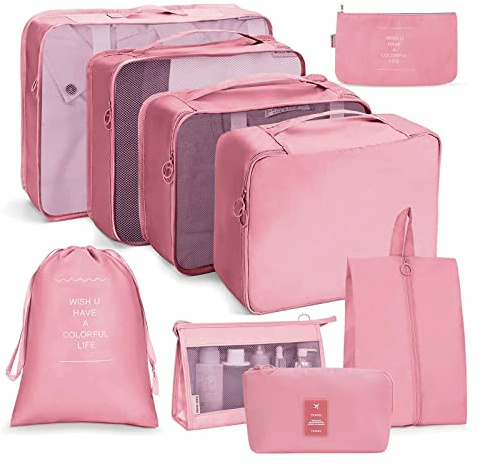 OSDUE Organisateur de Voyage, Lot de 9 Organiseurs de Bagage pour Voyage,Différents Tailles des Cubes Étanche Sacs de Voyage Rangement (Rose)