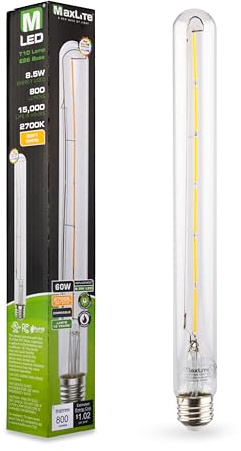 Maxlite EF8.5T10DL12927/JA8 Enclosed LED Filament Lamp, T10 Bulb, 12 Inch, 8.5W, 800lm, 2700K, E26 Base, 120V, Dimmable, 15000 Hour Life, LED Lights, Light Bulbs, Lamps for Living Room