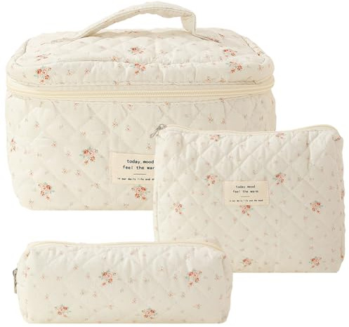 Starnearby 3 Pezzi Borsa Cosmetica Trapuntata, Borsa da Toilette Donna, Beauty Case da Viaggio Cotone Morbido, Borse Trucco Trapuntata Floreale, Trousse Cosmetici, Pochette Trucchi Donna