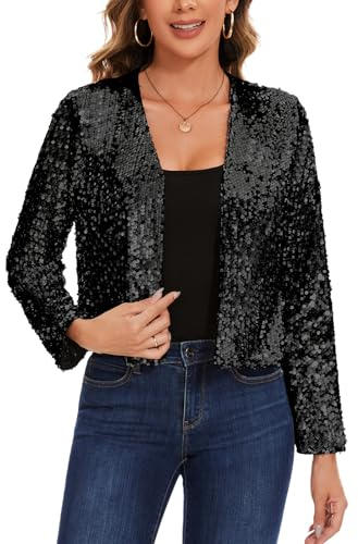 LADI TREND Womens Sequin Shrugs Bolero Cardigans Fully Lined Cropped Open Front Long Sleeve Top for Formal Events Casual Gatherings (Black L)