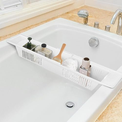 WinHub Plateau de baignoire rétractable extensible de 57 cm à 86 cm pour jouets de bain, shampooing/savon et autres accessoires de salle de bain