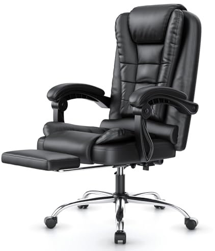 rattantree Executive Office Chair with Footrest High Back, Durable Ergonomic Recliner PU Leather Computer with Tilt Function, Desk Chair for Office and Home (Black with Footrest)