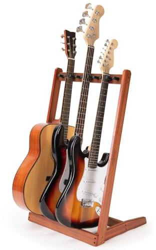 Musbeat Supporto per chitarra multipla, in legno di mogano, supporto per 3 chitarre acustiche, 5 elettriche o bassi, 5 chitarre da uomo, supporto da pavimento in legno, espositore per casa, studio
