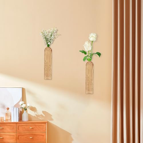 2 st väggmonterade blomkrukor i trä hängande träväxter hållare modern trävägg vas geometrisk hängande planterare bondgård vägg ficka vas för inomhusväxter vardagsrum sovrum dekor konstgjord blomma