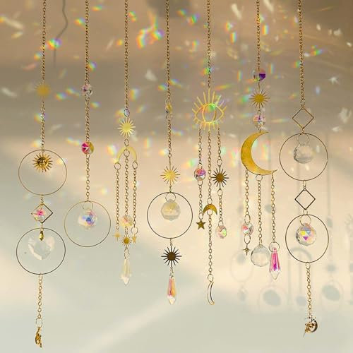 7 Stück Sonnenfänger Kristall Fenster, Regenbogen Fensterdeko Hängend, Sonnenfänger Garten Mond, Suncatcher für Fenster, Haus, Garten, Weihnachtsbaumschmuck, Party, Hochzeit Dekoration