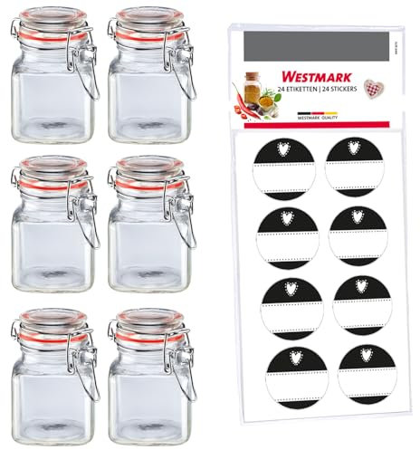 Westmark Ensemble de Bocaux à Pince, 6 Pièces – Pour Épices, Herbes et Thés - Incluant 8 Étiquettes Décoratives - Transparent, 100 ml