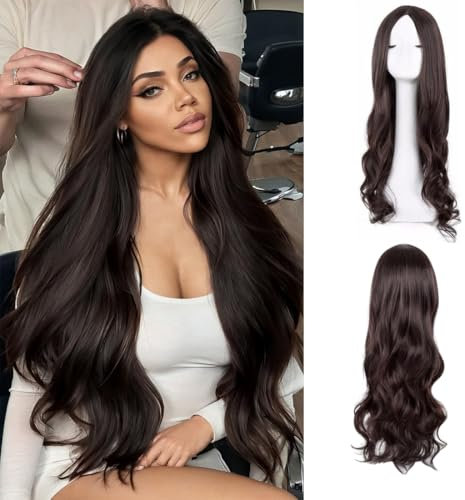 AOWVUTS Lungo Ondulato Parrucche per le Donne Lunga Capelli Ricci Parrucca Sintetica Resistente al Calore Lunghe Separazione Centrale Parrucche per Uso Quotidiano Cosplay Festa