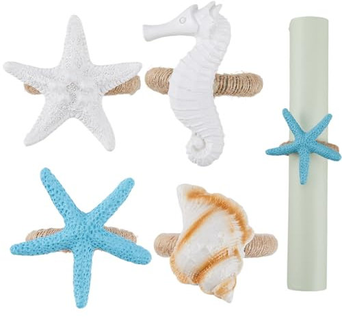GORGECRAFT 4 Stili Anelli per Tovaglioli di Mare Bianco Blu Resina Iuta Vacanza Oceano Spiaggia Stella Marina Conchiglia Cavalluccio Marino Decorazione da Tavola Anello per Tovaglioli Pasqua