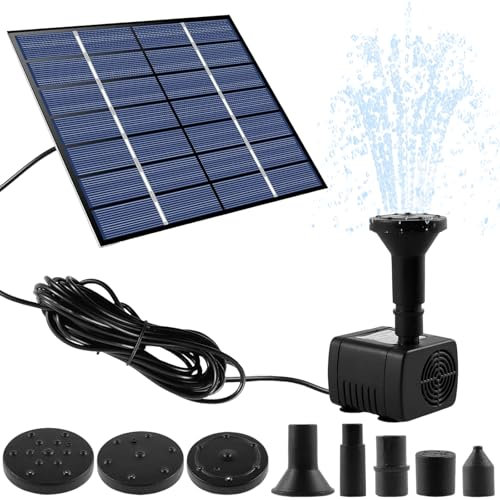 Fuente de agua solar, con panel solar separado, bomba de agua solar mejorada de 1,5 W, cable de 3 m de largo y 5 boquillas para baño de pájaros, estanque al aire libre, patio, jardín y pecera (negro)
