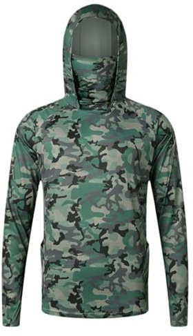 Générique T Shirt Anti UV Homme Capuche UPF50+ Chemise de pêche à Manches Longues Sweat à Capuche Protection Solaire Tee Shirt Anti-UV Respirant à Séchage Rapide (Masque Intégré)