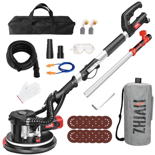 Lijadora Pared y Techo ZHJAN (880W) con Recogida de Polvo de Vacío, 1000-2100 RPM, Lijado en ángulo Muerto, Luz LED, Mango Extensible/plegable, 5 Velocidades,Para Techos Popcorn,Compatible Aspiradoras