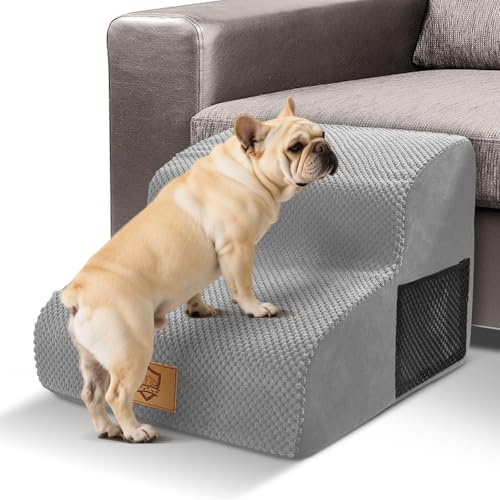 Thihome Dog Stairs for Small Dogs, 30D High Density Foam Dog Steps with Non-Slip Removable & Washable Cover, 2-Steps Lightweight Pet Ramp for Sofa Bed, 40 x 40 x 30cm, Grey