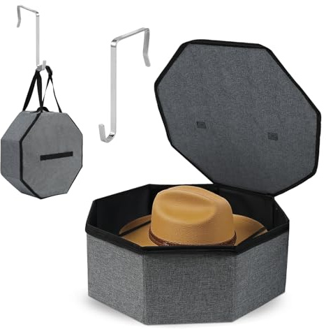 Littlecatch Hat Boxes with Lids, Foldable Baseball Cap Case with Handles and Shoulder Strap, Round Hat Storage Box with Hook, Cowboy Cap Organizer Boxes for Home and Travel