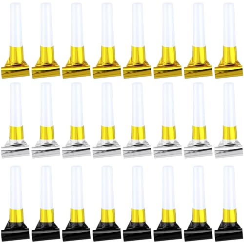 ywmigl 24 Pcs New Years Eve Noisemakers Party Favor Gold Silver Black Blower Horns Whistles 2026 Happy New Year Party Supplies for Sporting Events Birthday Celebration
