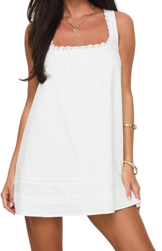 FeMereina Vestido de tirantes tipo babydoll para mujer, con ribete de encaje y cuello cuadrado, holgado, estético, sin mangas, con vuelo, sin espalda, corto