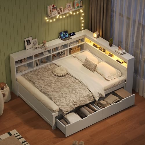 4ft6 Double Bed Frame with Side Bookshelf and Storage Drawers, Wooden Storage Bed with LED Lihghting & Charging Station, Functional Daybed Sofa Bed Guest Beds Youth Beds,White, No Mattress,135x190 cm