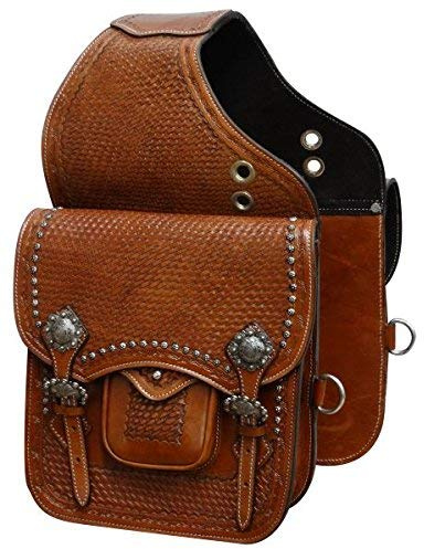 Showman Basketweave Tooled Leather Saddle Bag w/Engraved Brushed Nickel Conchos & Buckles
