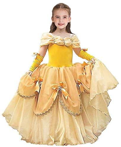 FMYFWY Costume de Carnaval Filles Princesse Robe de Belle Hors Épaule Déguisements de la Beauté et la Bête Halloween Noël Robe de Anniversaire Soirée Cérémonie Robes avec Manches Bras 2-3