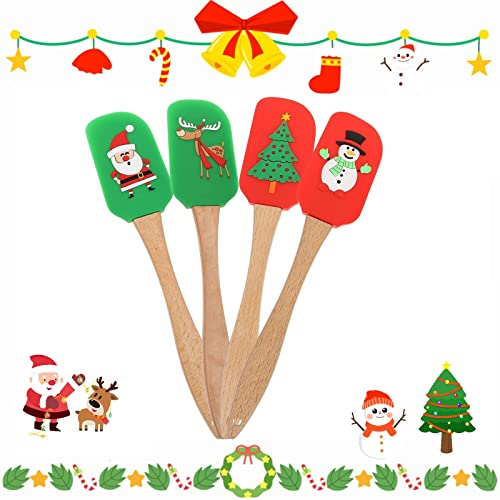 BESTonZON 4 Stücke Silikon Spatel Küche Spachtel mit Holzgriff Weihnachten Dekoration Teigschaber Kuchen Schaber Silikonspatel Teigspatel Grillspachtel Backpinsel Kochspachtel Küchenutensilien