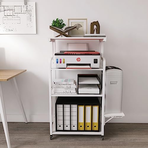 DAWNYIELD 4-stöckiger Druckerständer mit Rädern Fax-Aktenvernichter Computerablage Regal Höhenverstellbar Rollendes Lagerregal für das Heimbüro mit 4 Haken (Weiß)