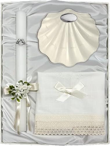 Estuche de Bautizo de Vela con Lazo, Paño de Lino y Concha Bautismal. Con apliques Laminados y Personalizado. (09670-M)