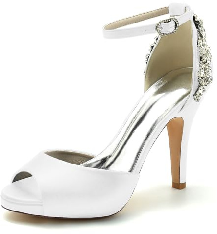 Speesy Zapatos Novia con Punta Abierta de Satén Zapatos Mujer Tacon Correa de Tobillo Zapatos de Boda Zapatos Boda,Blanco,37 EU